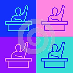 Pop art line Active male kid raising hand answering to teacher question icon isolated on color background. An elementary