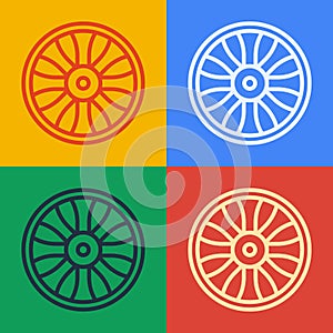 Pop art line Alloy wheel for car icon isolated on color background. Vector