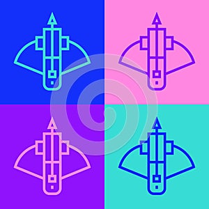 Pop art line Battle crossbow with arrow icon isolated on color background. Vector
