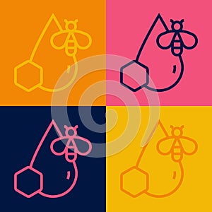 Pop art line Bee and honeycomb icon isolated on color background. Honey cells. Honeybee or apis with wings symbol