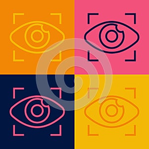 Pop art line Big brother electronic eye icon isolated on color background. Global surveillance technology, computer