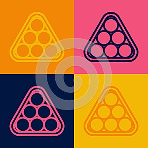 Pop art line Billiard balls in a rack triangle icon isolated on color background. Vector