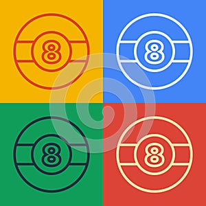 Pop art line Billiard pool snooker ball with number 8 icon isolated on color background. Vector