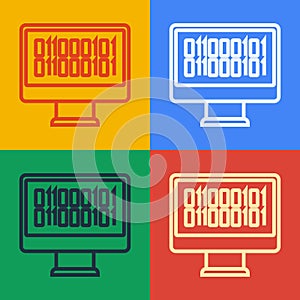 Pop art line Binary code icon isolated on color background. Vector