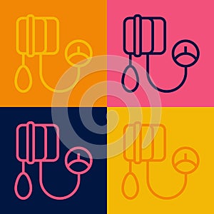 Pop art line Blood pressure icon isolated on color background. Vector