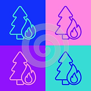 Pop art line Burning forest trees in fire flames icon isolated on color background. Natural disaster concept. Vector