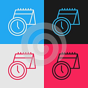 Pop art line Calendar and clock icon isolated on color background. Schedule, appointment, organizer, timesheet, time