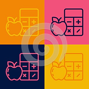 Pop art line Calorie calculator icon isolated on isolated on color background. Calorie count. Diet. Weight loss. Portion