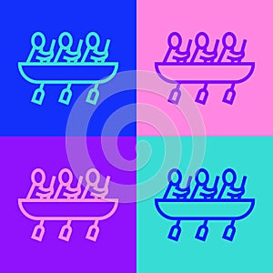 Pop art line Canoe rowing team sports icon isolated on color background. Three athletes with oars rowing in boat