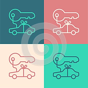 Pop art line Car gift icon isolated on color background. Car key prize. Vector