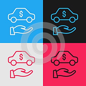 Pop art line Car rental icon isolated on color background. Rent a car sign. Key with car. Concept for automobile repair