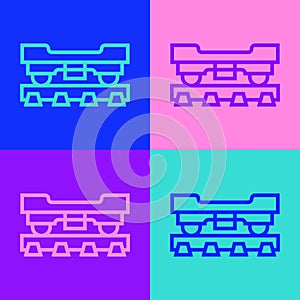 Pop art line Cargo train wagon icon isolated on color background. Freight car. Railroad transportation. Vector