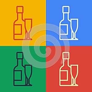 Pop art line Champagne bottle and glass of champagne icon isolated on color background. Merry Christmas and Happy New