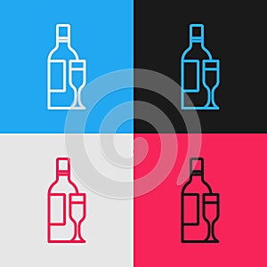 Pop art line Champagne bottle with glass icon isolated on color background. Vector