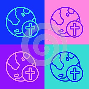 Pop art line Christian cross with globe Earth icon isolated on color background. World religion day. Vector