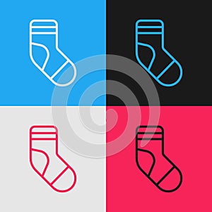 Pop art line Christmas stocking icon isolated on color background. Merry Christmas and Happy New Year. Vector