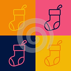 Pop art line Christmas stocking icon isolated on color background. Merry Christmas and Happy New Year. Vector
