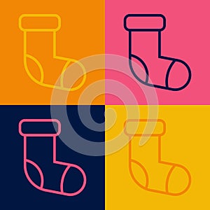 Pop art line Christmas stocking icon isolated on color background. Merry Christmas and Happy New Year. Vector