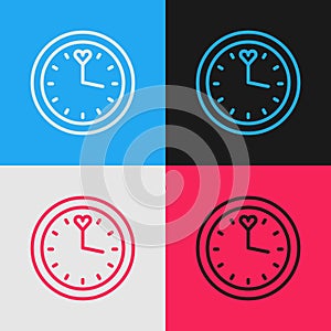 Pop art line Clock icon isolated on color background. Time symbol. Vector
