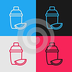 Pop art line Cocktail shaker with lime icon isolated on color background. Vector