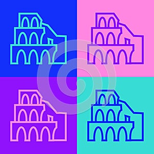 Pop art line Coliseum in Rome, Italy icon isolated on color background. Colosseum sign. Symbol of Ancient Rome