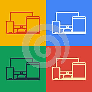 Pop art line Computer monitor, graphic tablet and mobile phone icon isolated on color background. Earnings in the