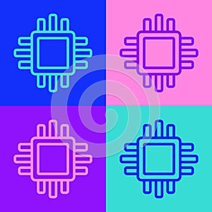 Pop art line Computer processor with microcircuits CPU icon isolated on color background. Chip or cpu with circuit board