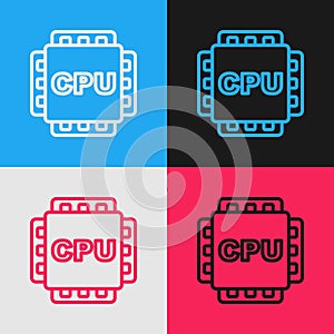 Pop art line Computer processor with microcircuits CPU icon isolated on color background. Chip or cpu with circuit board