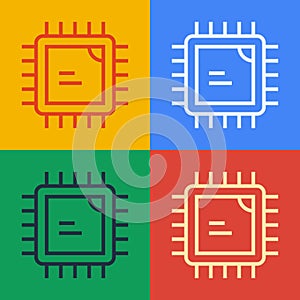 Pop art line Computer processor with microcircuits CPU icon isolated on color background. Chip or cpu with circuit board