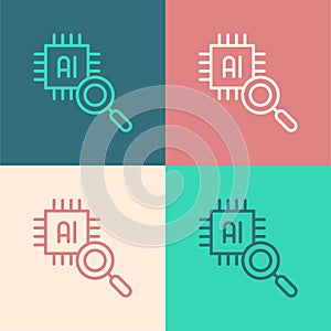 Pop art line Computer processor with microcircuits CPU icon isolated on color background. Chip or cpu with circuit board