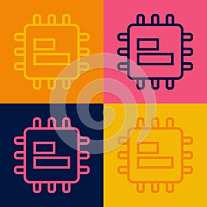 Pop art line Computer processor with microcircuits CPU icon isolated on color background. Chip or cpu with circuit board