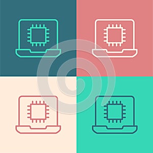 Pop art line Computer processor with microcircuits CPU icon isolated on color background. Chip or cpu with circuit board