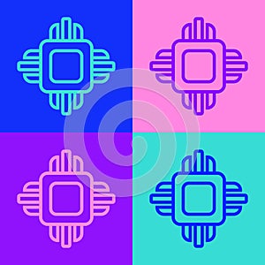 Pop art line Computer processor with microcircuits CPU icon isolated on color background. Chip or cpu with circuit board