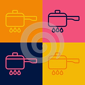 Pop art line Cooking pot on fire icon isolated on color background. Boil or stew food symbol. Vector