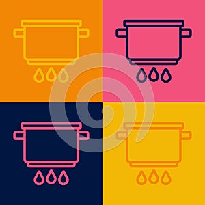 Pop art line Cooking pot on fire icon isolated on color background. Boil or stew food symbol. Vector