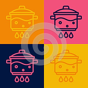 Pop art line Cooking pot on fire icon isolated on color background. Boil or stew food symbol. Vector