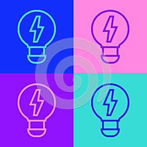 Pop art line Creative lamp light idea icon isolated on color background. Concept ideas inspiration, invention, effective