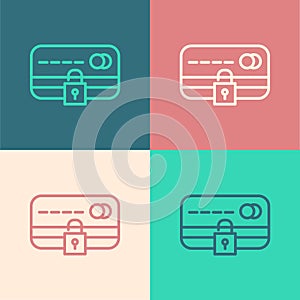 Pop art line Credit card with lock icon isolated on color background. Locked bank card. Security, safety, protection