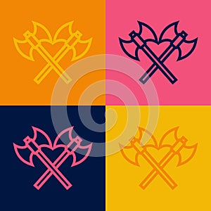 Pop art line Crossed medieval axes icon isolated on color background. Battle axe, executioner axe. Medieval weapon