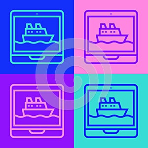 Pop art line Cruise ship icon isolated on color background. Travel tourism nautical transport. Voyage passenger ship, cruise liner