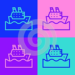 Pop art line Cruise ship in ocean icon isolated on color background. Cruising the world. Vector