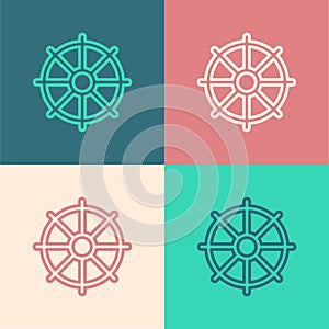 Pop art line Dharma wheel icon isolated on color background. Buddhism religion sign. Dharmachakra symbol. Vector