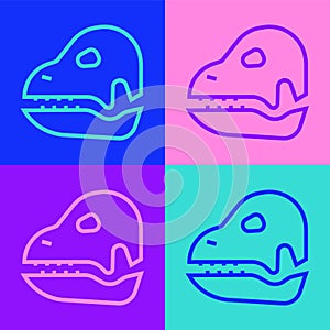 Pop art line Dinosaur skull icon isolated on color background. Vector