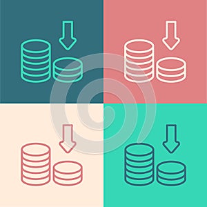 Pop art line Dollar rate decrease icon isolated on color background. Cost reduction. Money symbol with down arrow