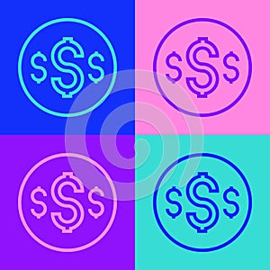 Pop art line Dollar symbol icon isolated on color background. Cash and money, wealth, payment symbol. Casino gambling