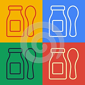 Pop art line Drinking yogurt in bottle with spoon icon isolated on color background. Baby food. Vector