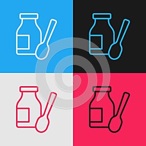 Pop art line Drinking yogurt in bottle with spoon icon isolated on color background. Vector