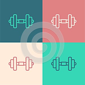Pop art line Dumbbell icon isolated on color background. Muscle lifting, fitness barbell, sports equipment. Vector