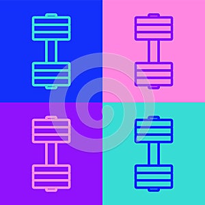Pop art line Dumbbell icon isolated on color background. Muscle lifting icon, fitness barbell, gym, sports equipment