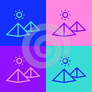 Pop art line Egypt pyramids icon isolated on color background. Symbol of ancient Egypt. Vector